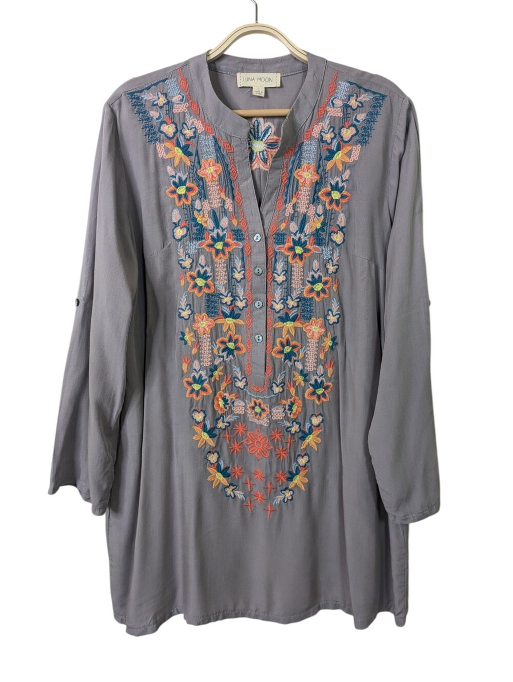 Anthropologie Luna Moon Tunic Top Large Embroidered Floral Rayon Boho Gray